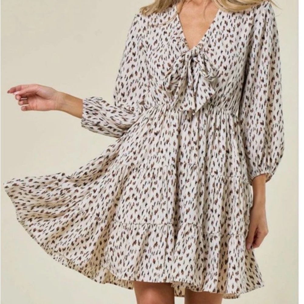 Cream Leopard-Print Tie-Neck Tiered Mini Dress